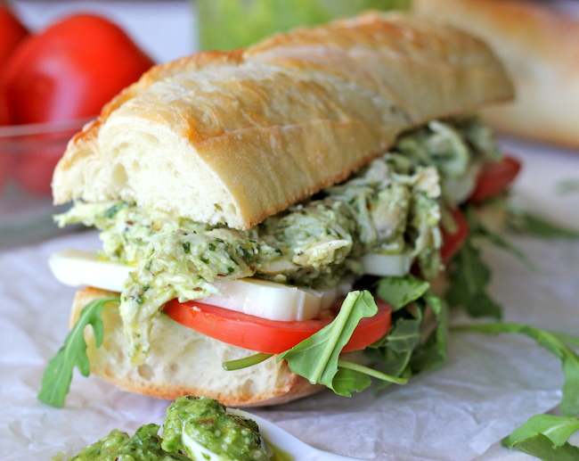 Chicken Pesto Sandwich - Lightened up with Greek yogurt, this hearty sandwich is one of the quickest, most tastiest meals you'll ever have!