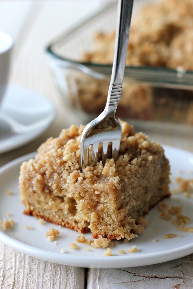 Coffee Cake with Crumble Topping and Brown Sugar Glaze - A coffee cake with a mile-high crumb topping that everyone will love!