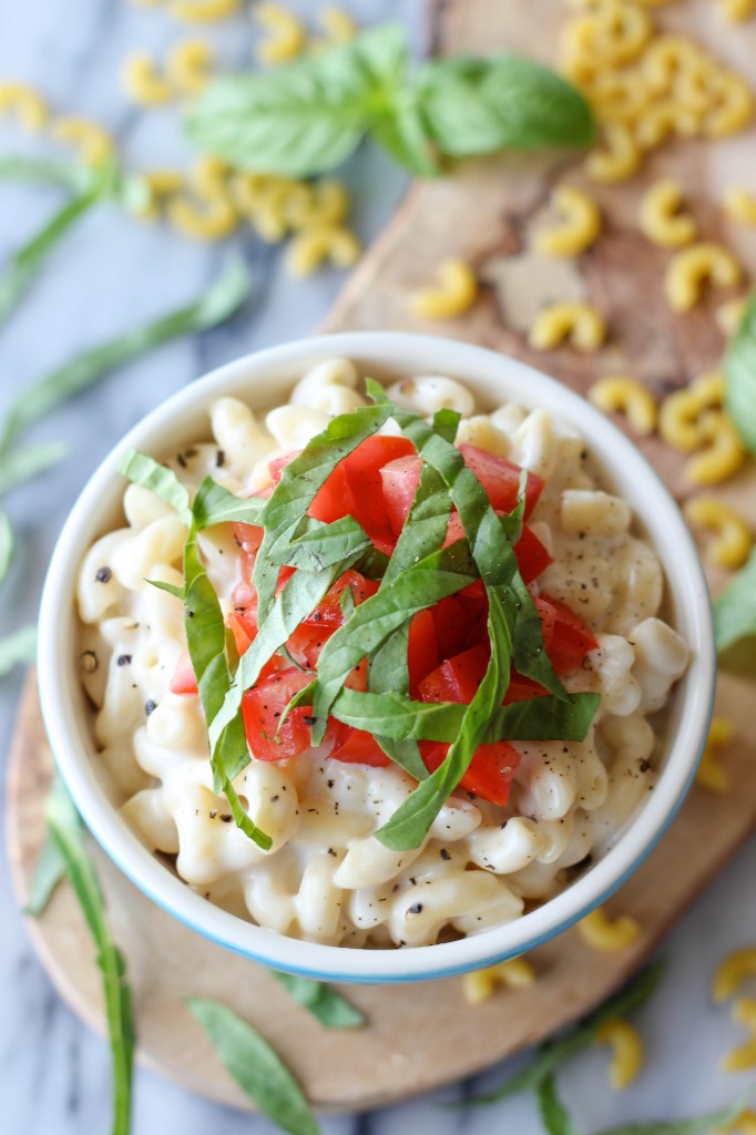 Caprese Mac and Cheese - Velvety macaroni and cheese, caprese style, with fresh mozzarella, Roma tomatoes and basil leaves!