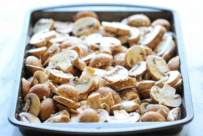 Baked Parmesan Mushrooms - The easiest, most flavorful mushrooms you will ever make, baked with parmesan, thyme and lemon goodness!