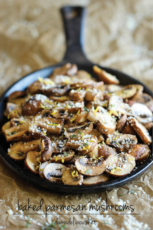 Baked Parmesan Mushrooms - The easiest, most flavorful mushrooms you will ever make, baked with parmesan, thyme and lemon goodness!