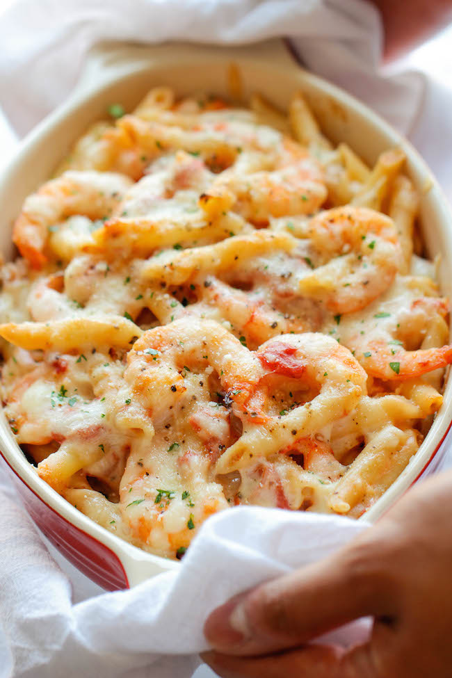 Skinny Shrimp Alfredo Pasta Bake - An unbelievably cheesy, creamy lightened-up pasta bake that you can easily make ahead of time!