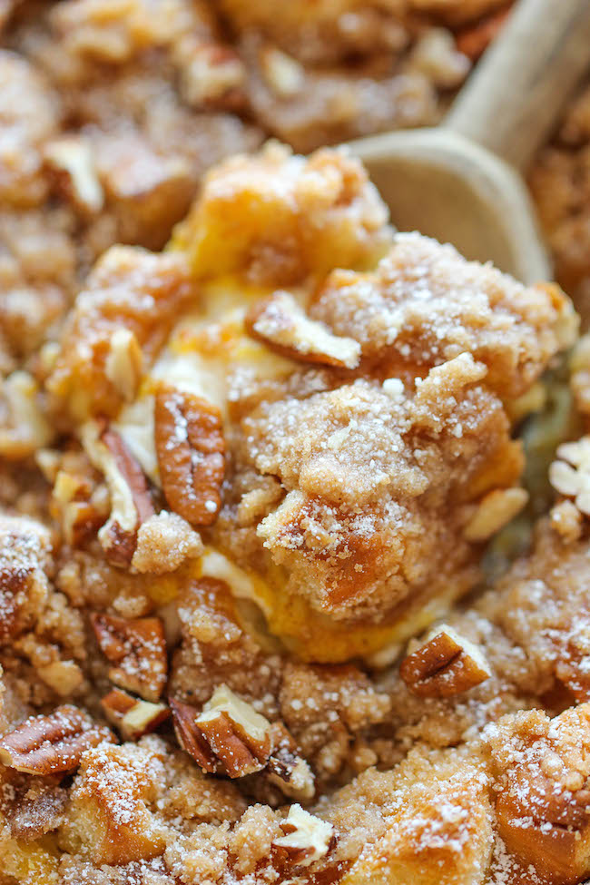 Baked Pumpkin Cream Cheese French Toast - Easy peasy with the most amazing cream cheese filling. Prep the night before and bake right before serving!