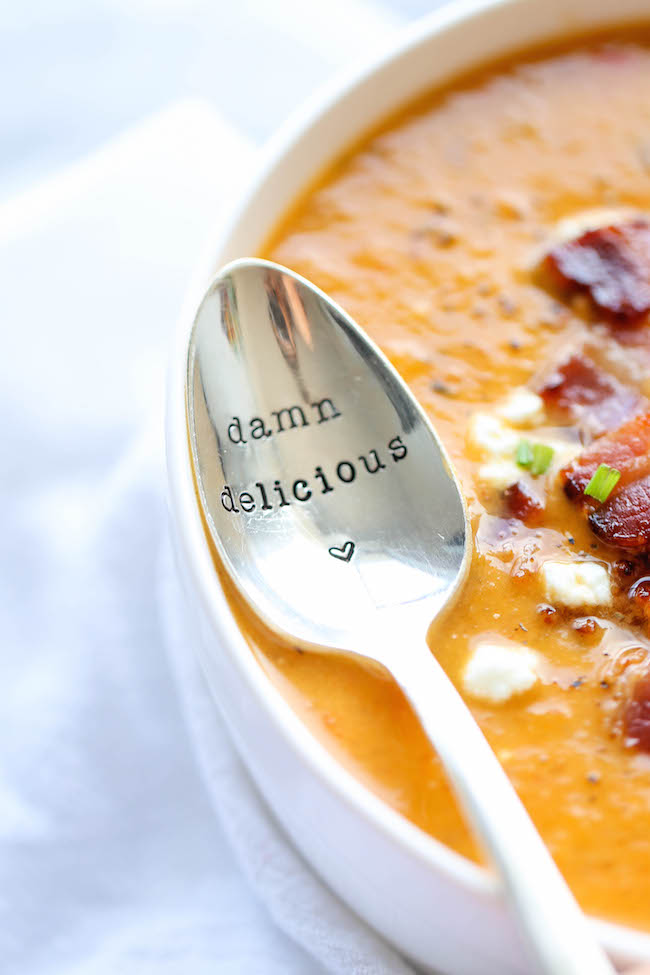 Roasted Butternut Squash and Bacon Soup - By far the best butternut squash soup ever, with the help of those crisp bacon bits blended right into the soup!