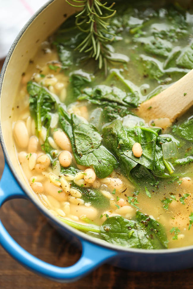 Spinach and White Bean Soup - A healthy and hearty, comforting soup - chock full of fresh spinach, white beans and orzo pasta - made in less than 30 min!