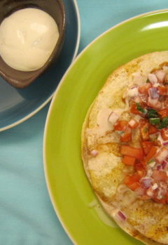 BBQ Chicken Quesadilla with Smoked Tomato Relish and Buttermilk Dressing