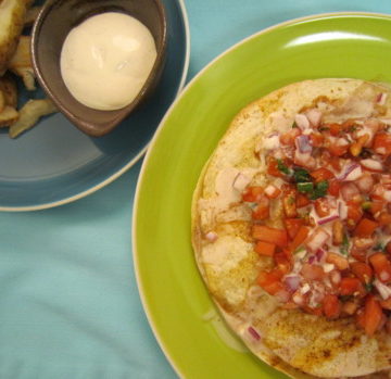 BBQ Chicken Quesadilla with Smoked Tomato Relish and Buttermilk Dressing