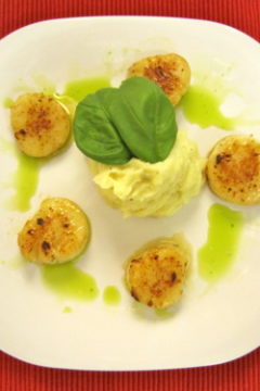 Pan-Seared Scallops with Yukon Gold Potato Mash and Basil Oil