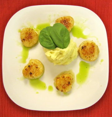 Pan-Seared Scallops with Yukon Gold Potato Mash and Basil Oil