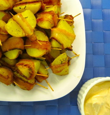 Bacon-Wrapped Potato Bites with Spicy Sour Cream Dipping Sauce