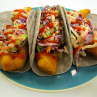 Beer Battered Fried Trout Tacos with Spicy Horseradish Coleslaw