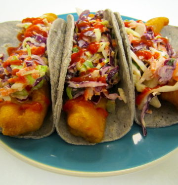 Beer Battered Fried Trout Tacos with Spicy Horseradish Coleslaw