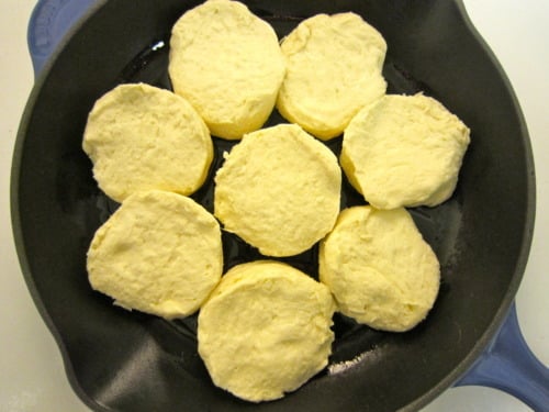 Unbaked biscuit dough rounds arranged in a cast iron skillet, prepared for a six-ingredient pizza bake.