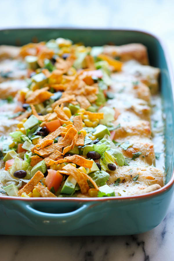 White Chicken Enchiladas with Green Chile Sour Cream Sauce - These enchiladas have the easiest cream sauce you could ever make!