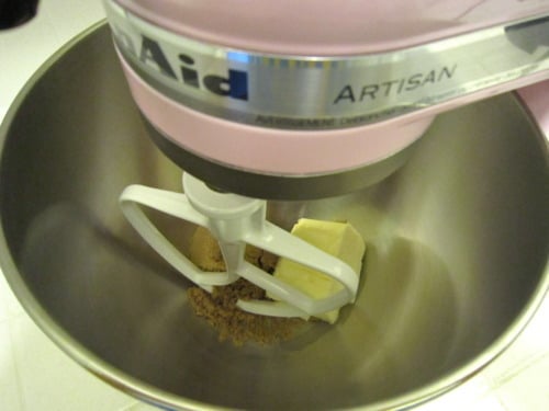Butter and brown sugar in a stand mixer bowl, ready to be creamed for strawberry honey oatmeal bars.
