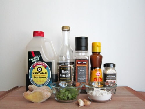 Ingredients for sesame crusted tofu arranged on a board including soy sauce, rice vinegar, ginger, garlic, scallions, and sesame seeds.