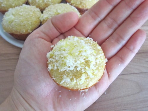 Mini honey cornbread muffin topped with lemon sugar, held in hand.