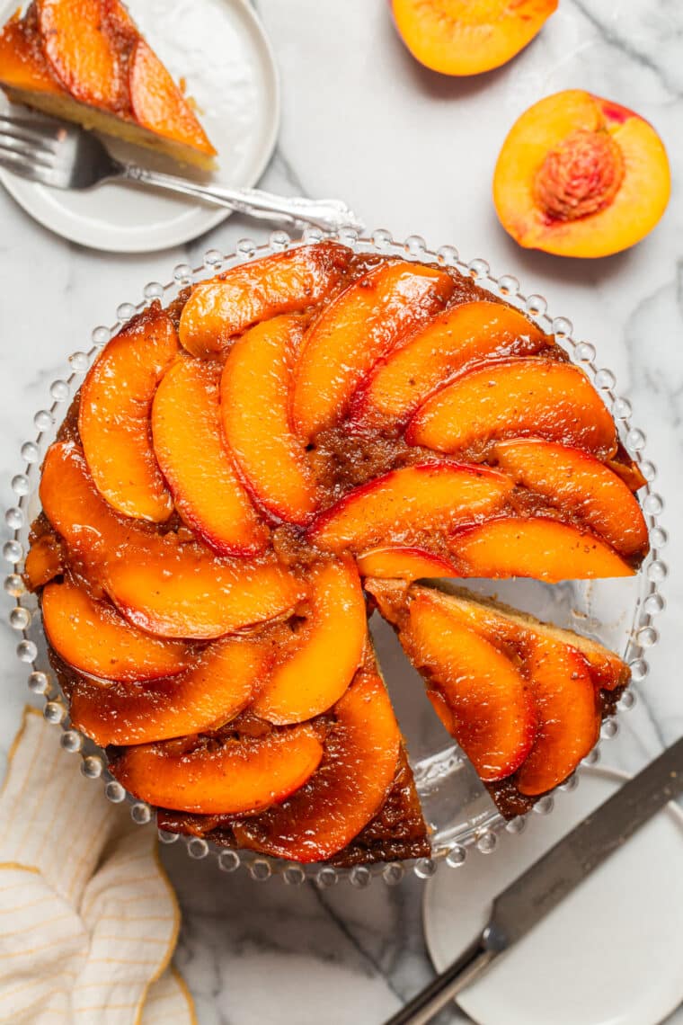 Nectarine Upside-Down Cake - Moist, tender cake with ripe, juicy nectarines or peaches! So pretty and so good. Bonus: the caramelized edges!