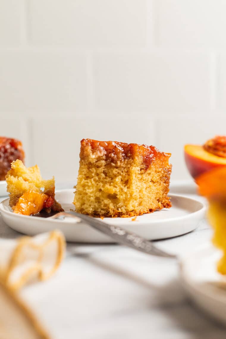Nectarine Upside-Down Cake - Moist, tender cake with ripe, juicy nectarines or peaches! So pretty and so good. Bonus: the caramelized edges!
