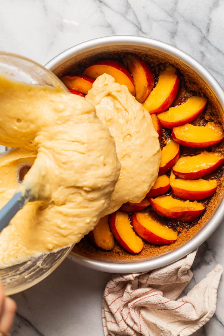 Nectarine Upside-Down Cake - Moist, tender cake with ripe, juicy nectarines or peaches! So pretty and so good. Bonus: the caramelized edges!