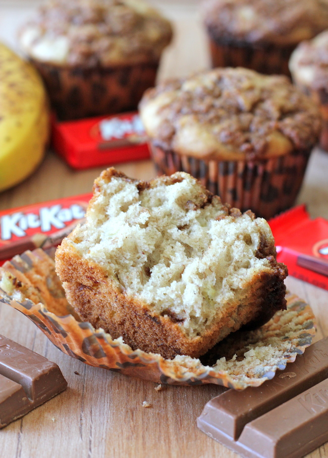 Banana Bread Kit Kat Muffins - The perfect way to use up those lingering bananas for an indulgent breakfast muffin!