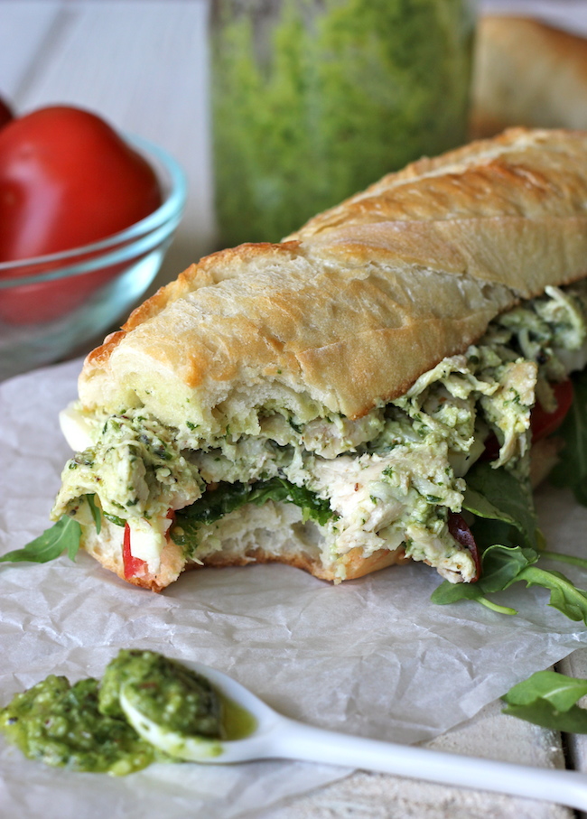 Chicken Pesto Sandwich - Lightened up with Greek yogurt, this hearty sandwich is one of the quickest, most tastiest meals you'll ever have!