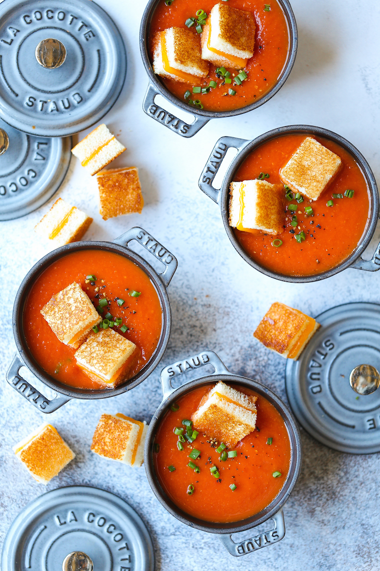 Creamy Tomato Soup with Grilled Cheese “Croutons” - Everyone's favorite tomato soup with the most perfect mini grilled cheese bites! So comforting, so cozy.