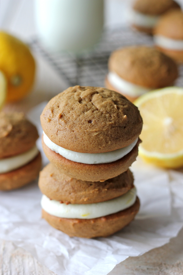 Gingerbread Whoopie Pies - The classic gingerbread cookie is reinvented with the most luscious, most decadent lemon cream cheese filling!