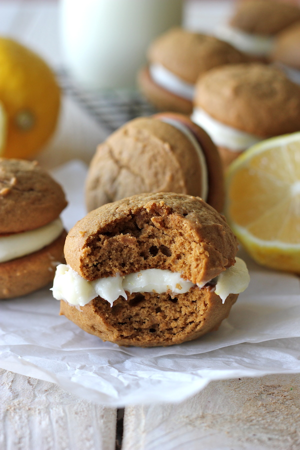 Gingerbread Whoopie Pies - The classic gingerbread cookie is reinvented with the most luscious, most decadent lemon cream cheese filling!