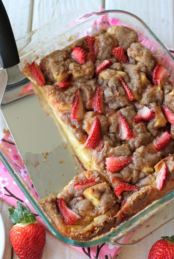 Strawberry Eggnog Baked French Toast - French toast is so much better when drenched in eggnog for an effortless make-ahead breakfast!