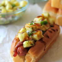 Bacon Wrapped Teriyaki Hot Dogs with Pineapple Salsa