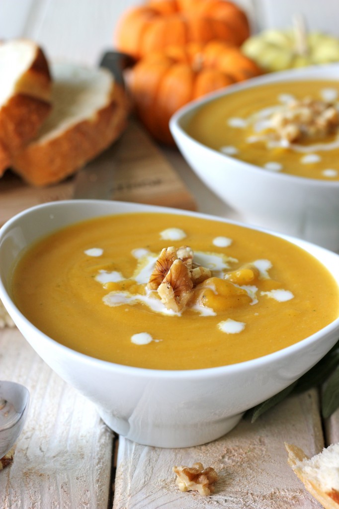 Roasted Butternut Squash and Sage Soup - Roasted winter squash is blended with fresh sage for a smooth, elegant smooth lightened up with Greek yogurt!