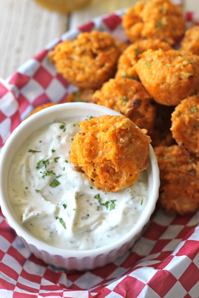 Buffalo Chicken Quinoa Bites with Greek Yogurt Blue Cheese Dip - These quinoa bites are perfect for snacking or as a party appetizer!