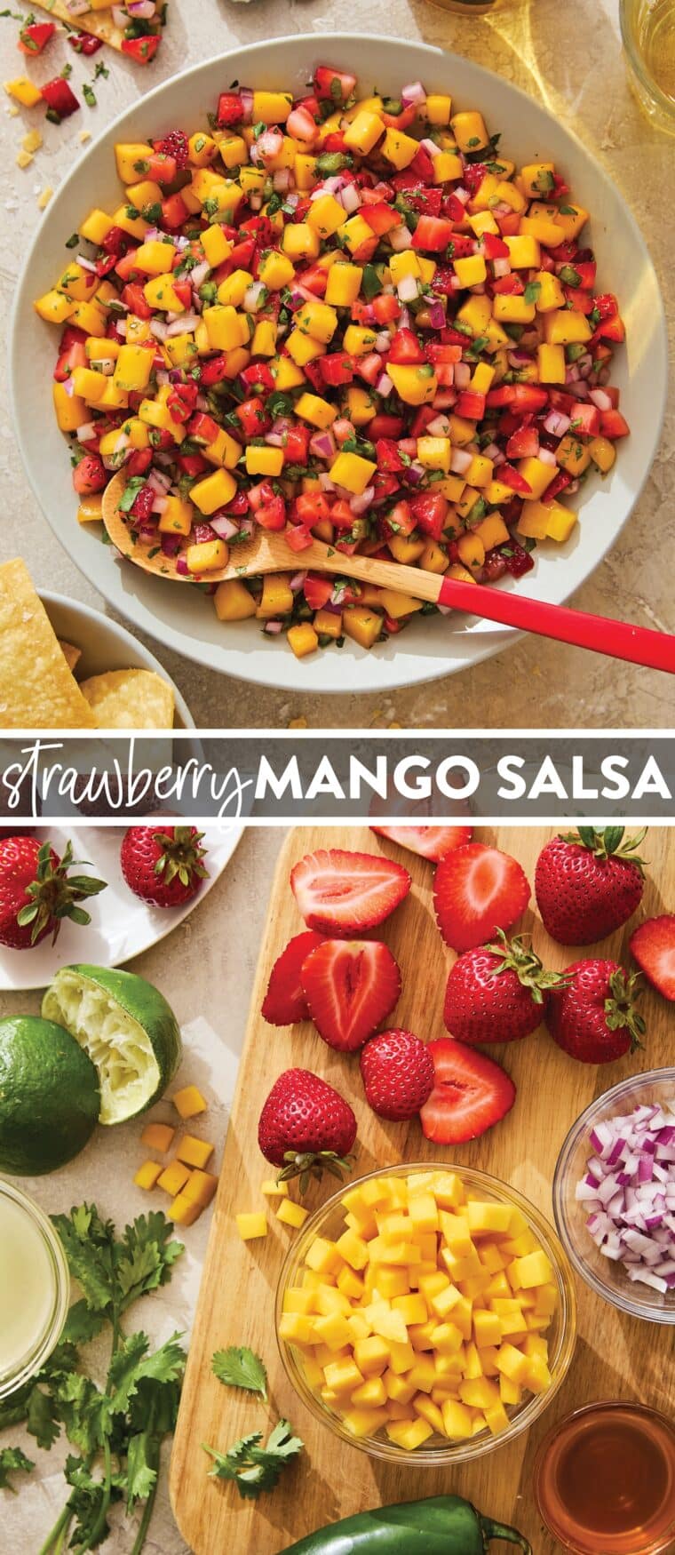 Strawberry Mango Salsa - This strawberry mango salsa is sweet, juicy, and tangy! A crowd-pleasing chip dip or topping for tacos and grilled proteins. A 10 min recipe!