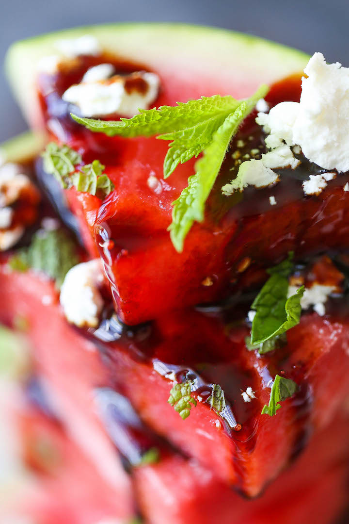 Watermelon Salad with Balsamic Reduction - A refreshing mix of watermelon wedges with fresh mint and goat cheese - the perfect way to cool down this summer!