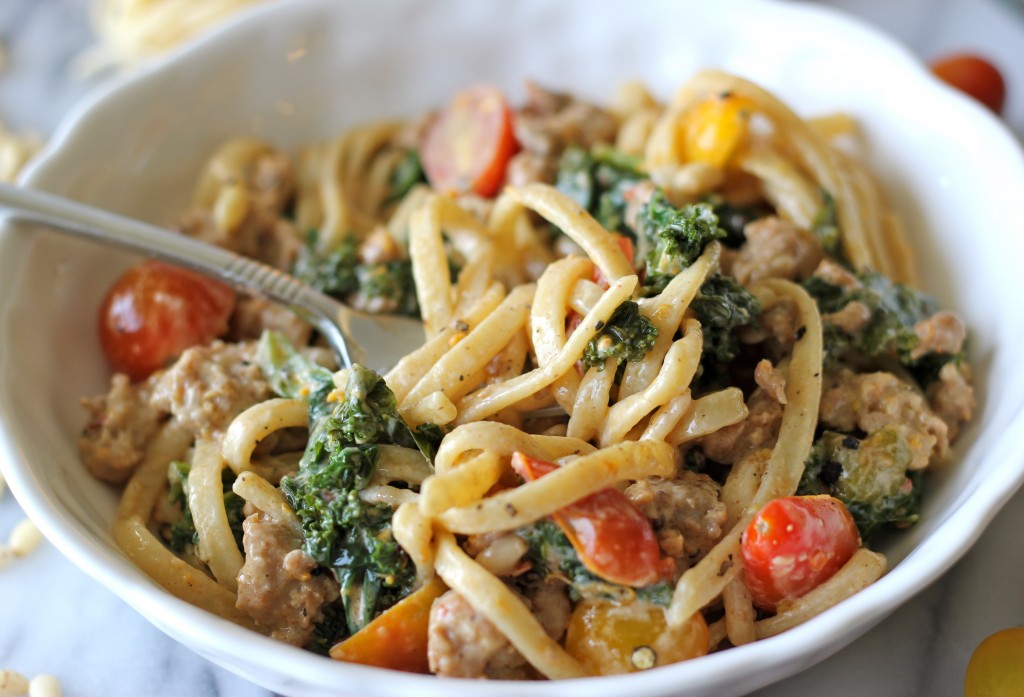 Black Truffle Pasta with Kale, Italian Sausage and Meyer Lemon Cream Sauce - Perfect for a busy weeknight meal!