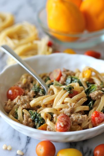 Black Truffle Pasta with Kale, Italian Sausage and Meyer Lemon Cream Sauce