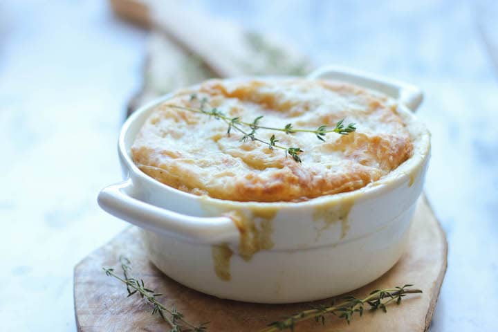 A baked Leftover Thanksgiving Turkey Pot Pie with a flaky puff pastry crust.