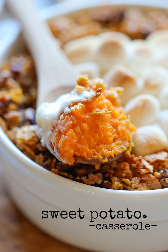 Sweet Potato Casserole - Made with mashed roasted sweet potatoes and a crunchy pecan topping with an ooey gooey melted marshmallow center!