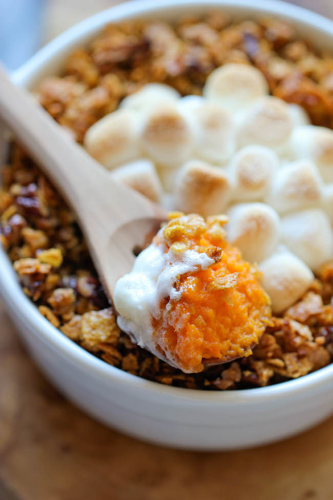 Sweet Potato Casserole - Made with mashed roasted sweet potatoes and a crunchy pecan topping with an ooey gooey melted marshmallow center!