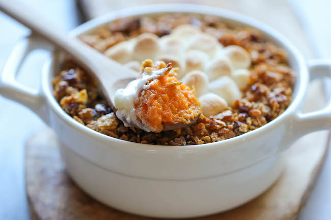 Sweet Potato Casserole - Made with mashed roasted sweet potatoes and a crunchy pecan topping with an ooey gooey melted marshmallow center!