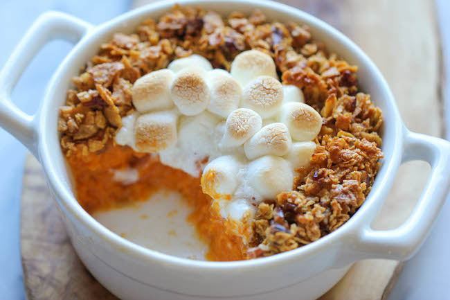 Sweet Potato Casserole - Made with mashed roasted sweet potatoes and a crunchy pecan topping with an ooey gooey melted marshmallow center!