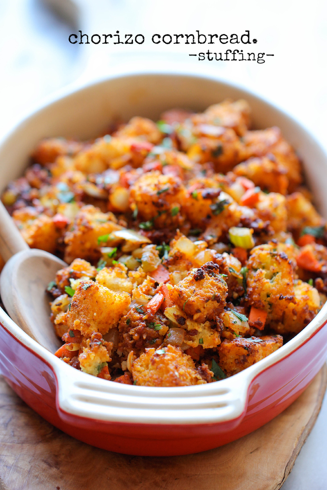 Chorizo Cornbread Stuffing - An easy, no-fuss, make-ahead crumbly stuffing with a kick of heat that the whole family will go crazy for!