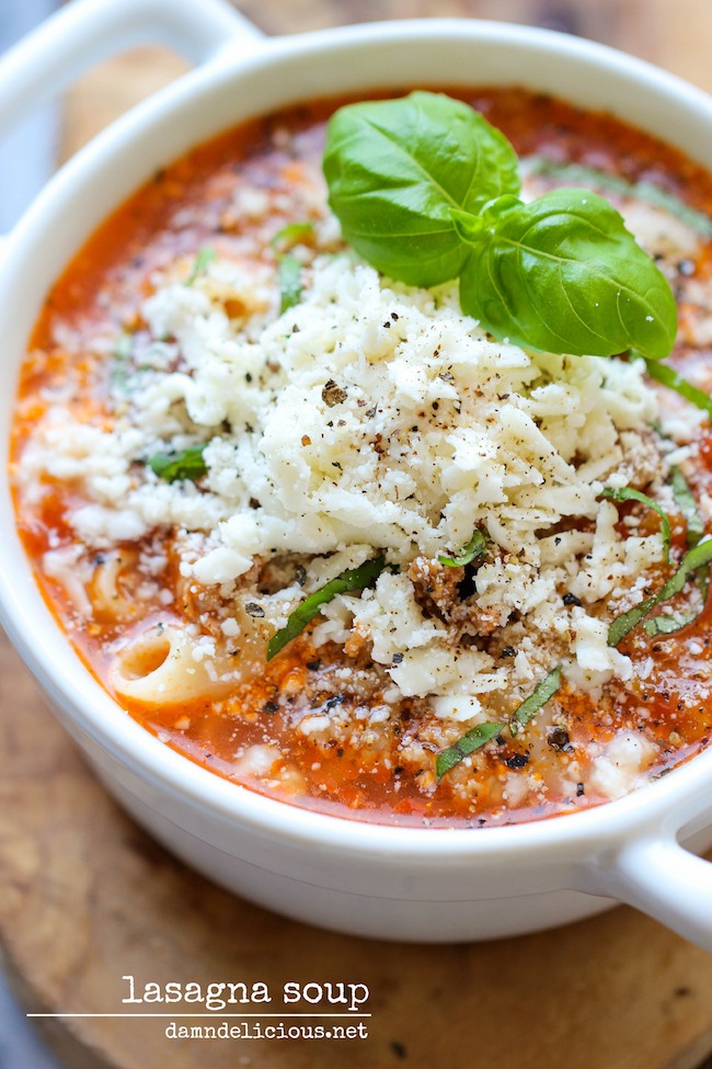 Lasagna Soup - All the flavors of lasagna in a comforting, cheesy soup with a dollop of ricotta that gets melted right into the soup!
