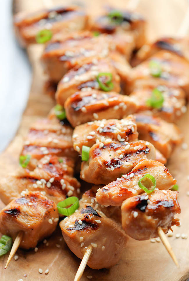 Chicken Teriyaki Kabobs - These savory sweet chicken kabobs are unbelievably easy to make and they're so perfect for game day!