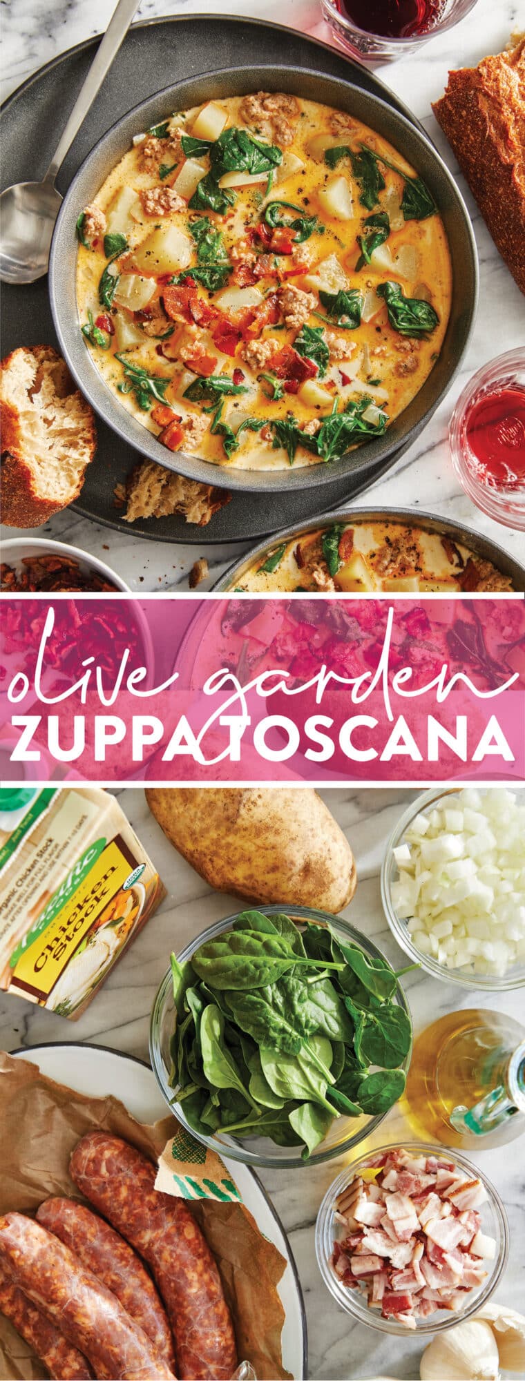 Olive Garden Zuppa Toscana Copycat Recipe - So easy to make and 10x better than the original! With Italian sausage, potatoes, spinach + bacon!