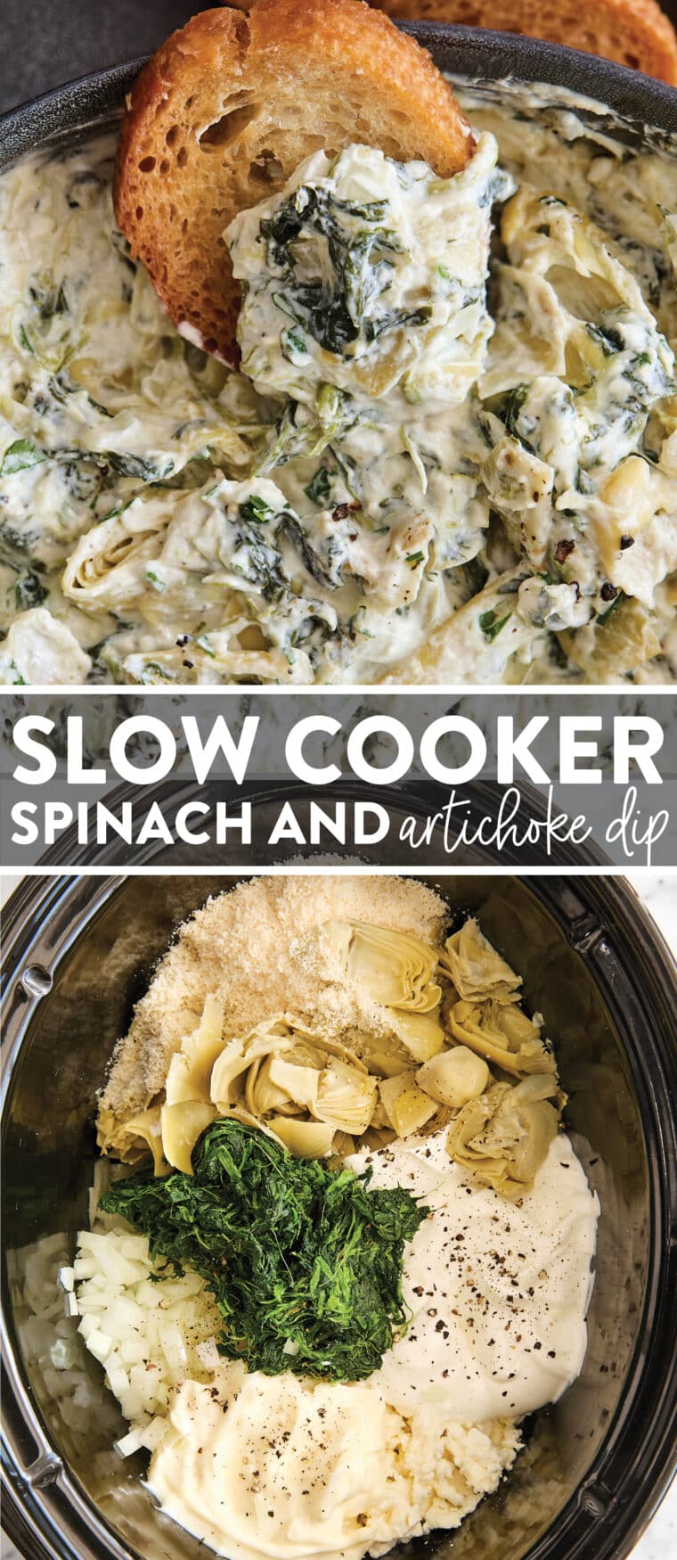Slow Cooker Spinach and Artichoke Dip - Dump and go, set and forget right into the crockpot for the best and easiest cheesy, creamy dip ever!