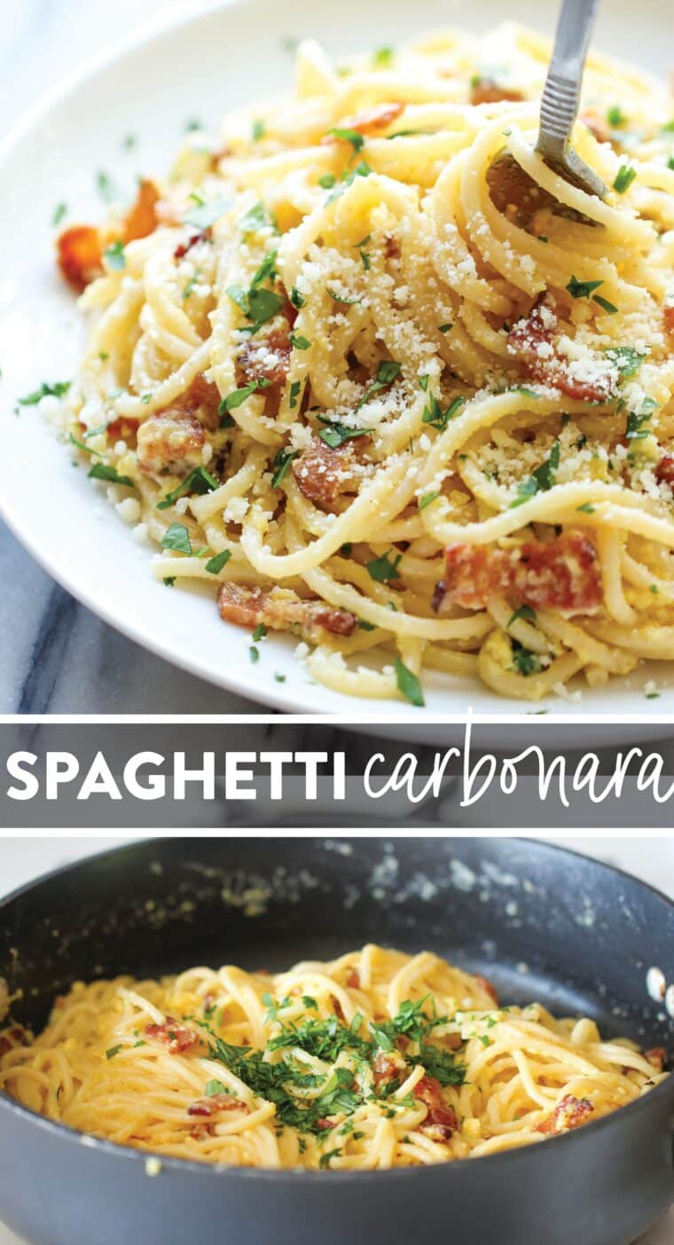 Spaghetti Carbonara - The easiest pasta dish you will ever make with just 5 ingredients in 15 minutes, loaded with Parmesan and bacon!