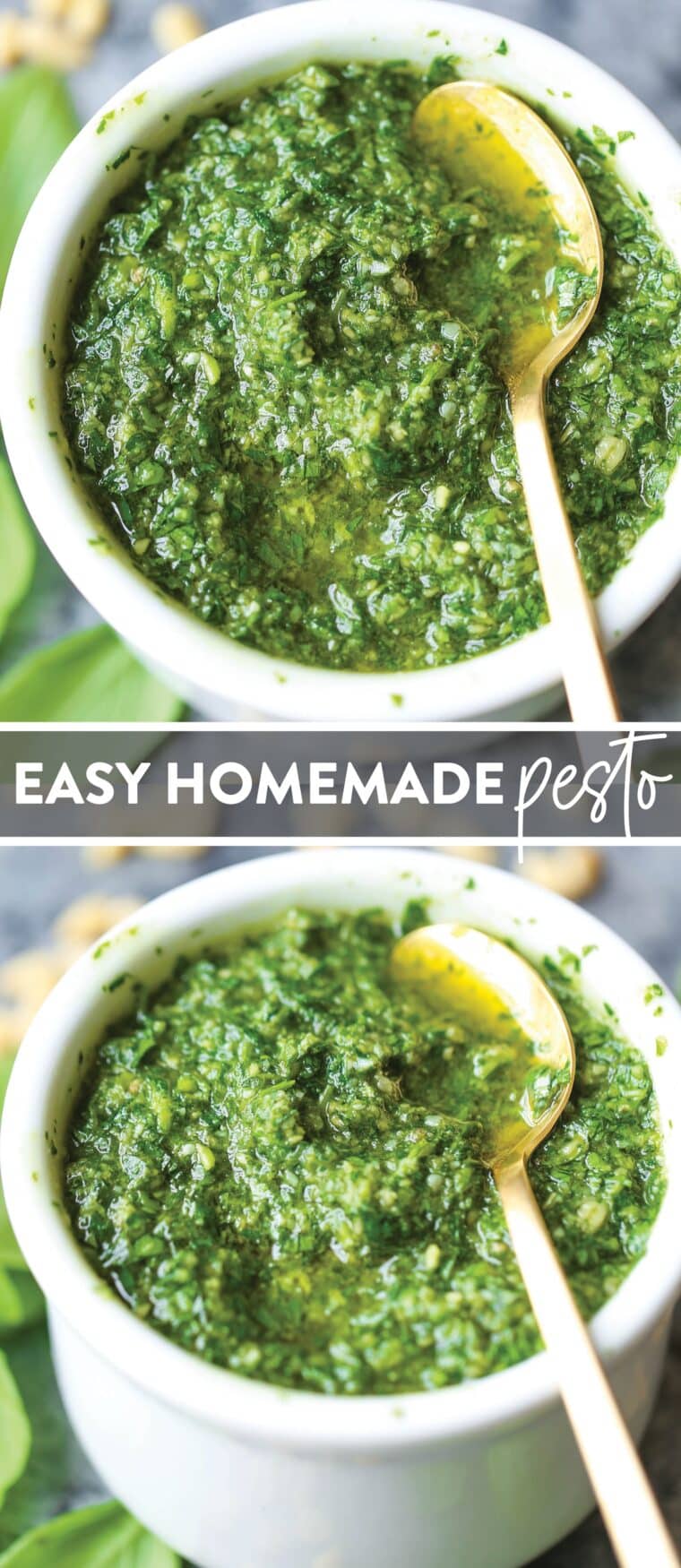 Easy Homemade Pesto - No need for store-bought pesto anymore. This recipe is so easy with just 5 ingredients. And it takes just 5 min to make too!