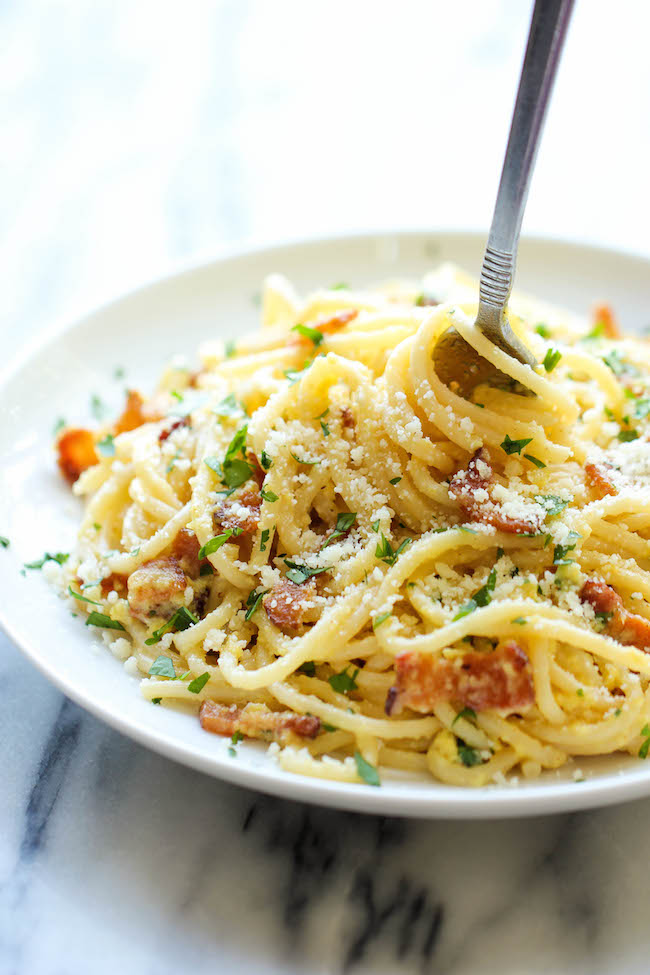 Spaghetti Carbonara - The easiest pasta dish you will ever make with just 5 ingredients in 15 minutes, loaded with Parmesan and bacon!